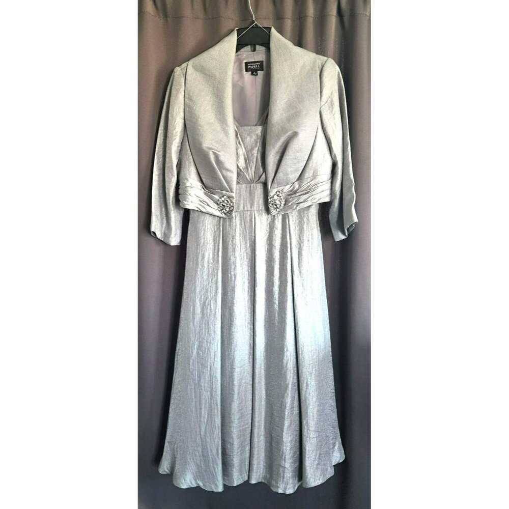Adrianna Papell Occasions Silver Dress/Jacket w/Jewels 2pc set Women's Size 8